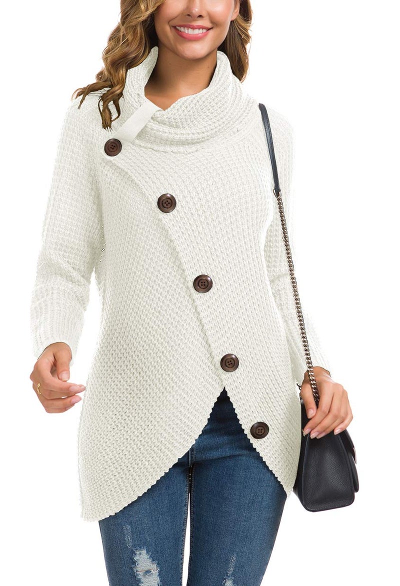 GRECERELLE Women's Fall Chunky Turtleneck Long Sleeve Asymmetric Hem Loose Knit Pullover Sweaters Tops, White, M - Image 2